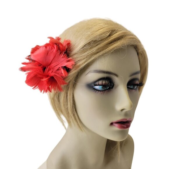 SMALL Round Red Feathers Hair Accessory or Red Feathers Corsage - Picture 1 of 10